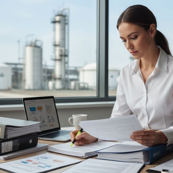 Compliance officer reviewing environmental regulations documents