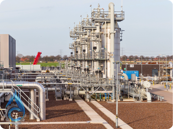 wide shot of a large, complex natural gas processing plant with multiple towers and interconnected pipes. wide shot of a large, complex natural gas processing plant with multiple towers and interconnected pipes.