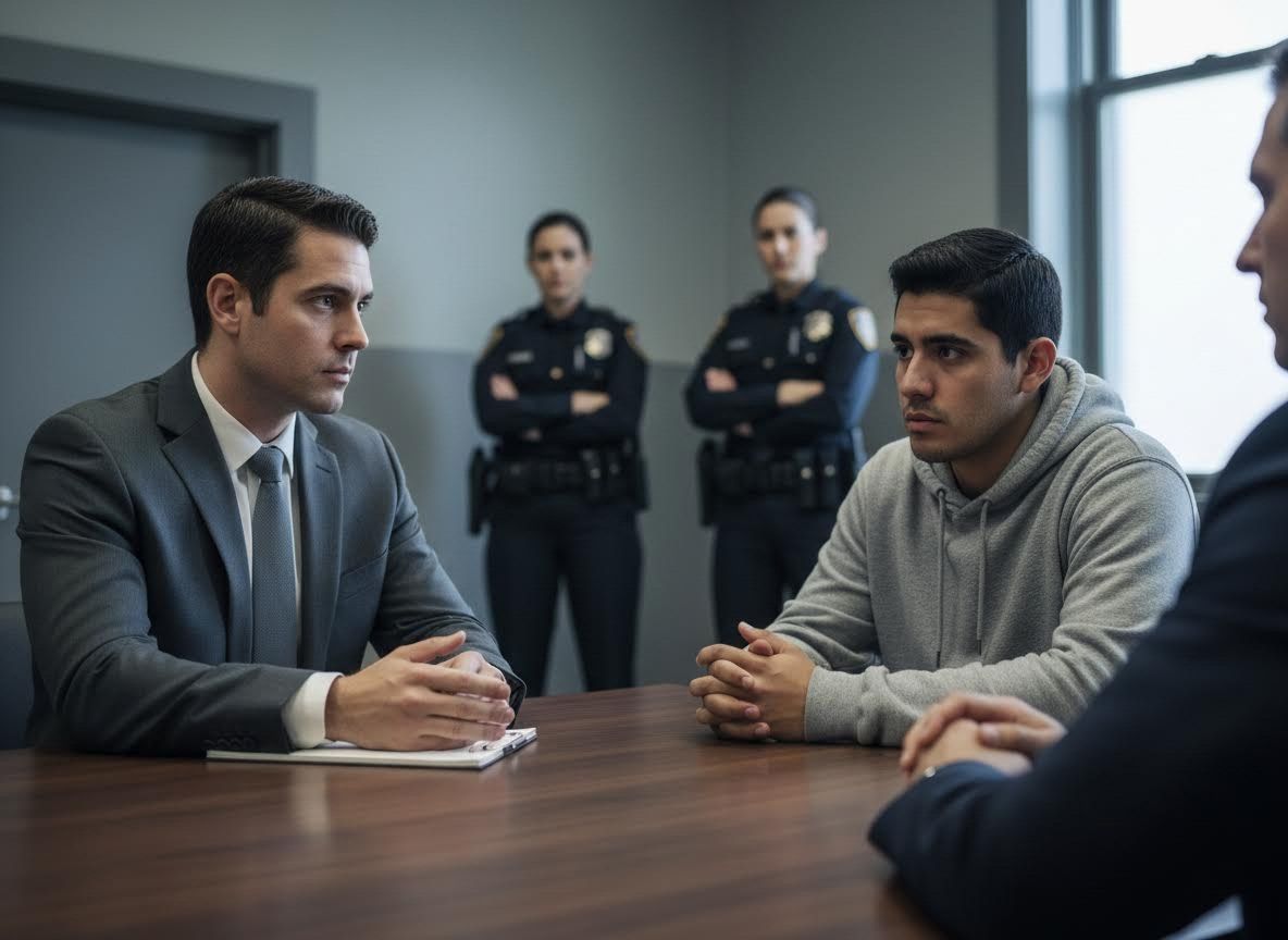 Attorney and young man in an interrogation room with police