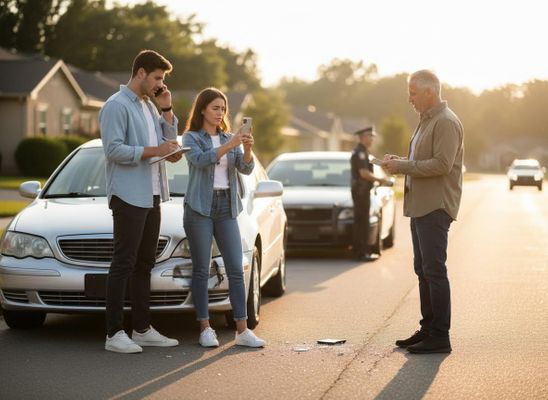 Car accident scene with people documenting damage