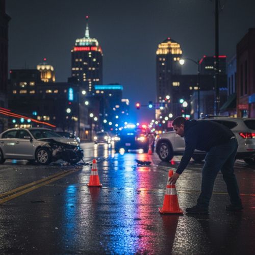 An individual setting up emergency cones on a road after a car accident.