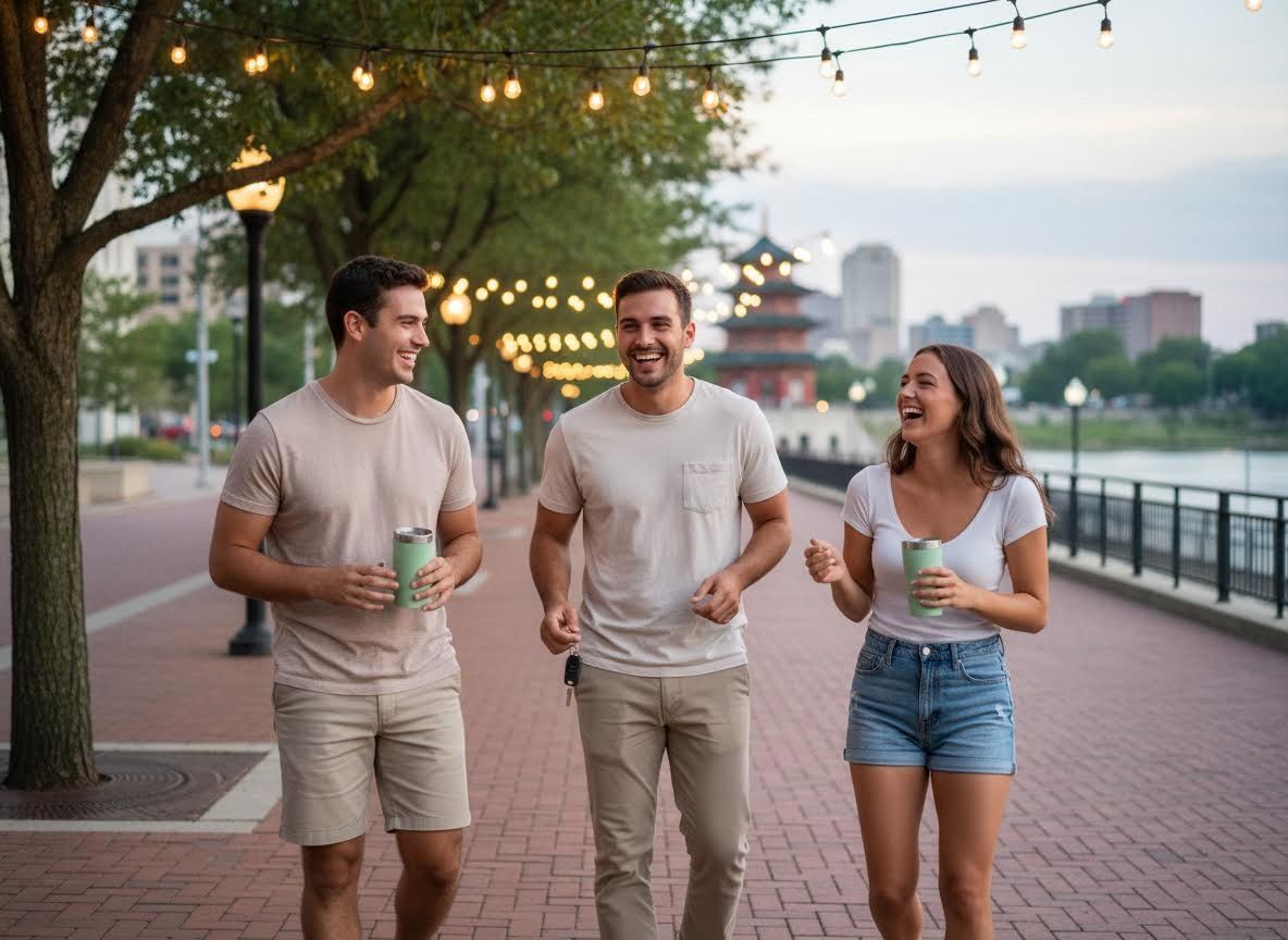 Friends walking and laughing with tumblers