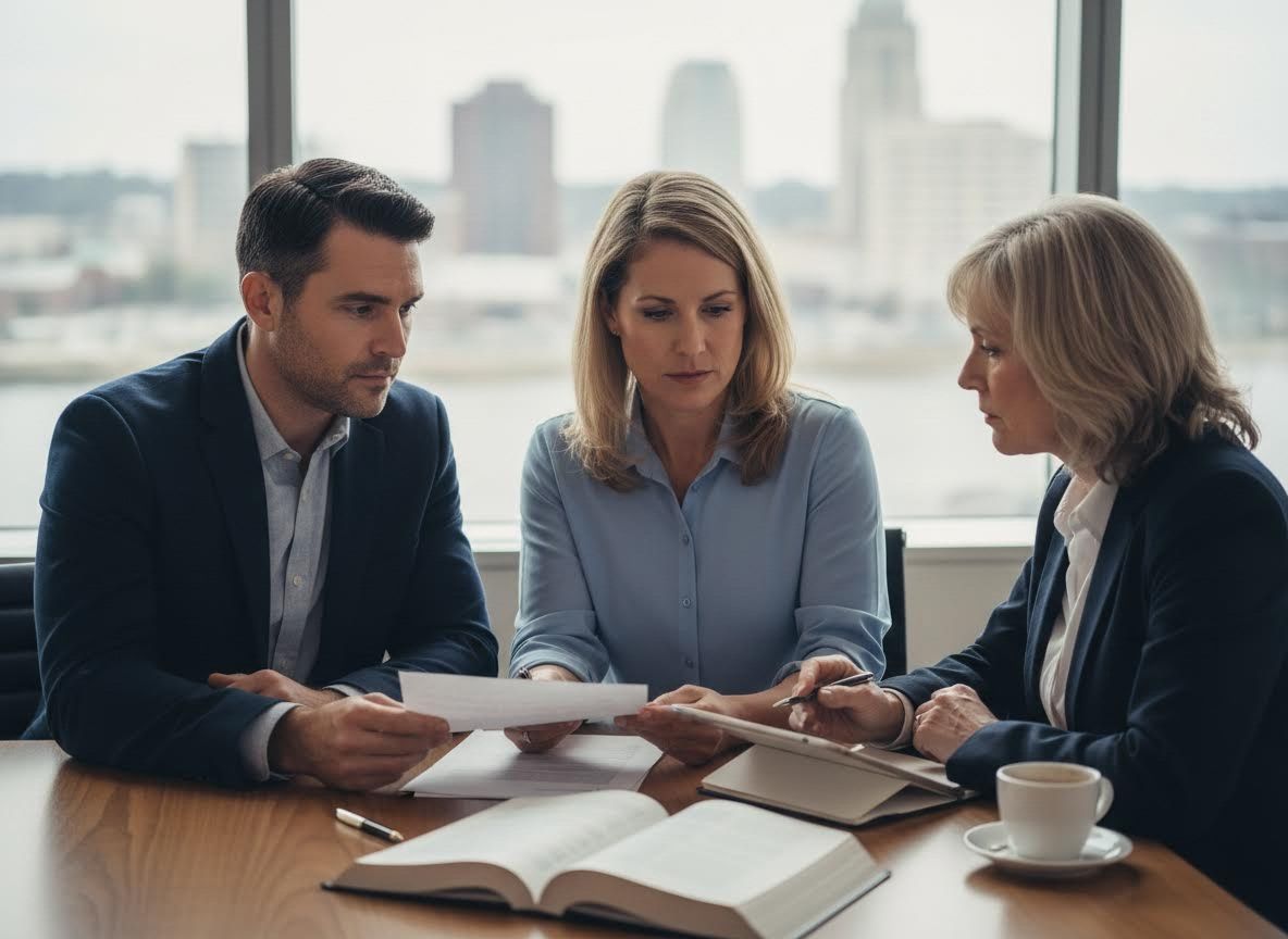 Three professionals reviewing documents at a table
