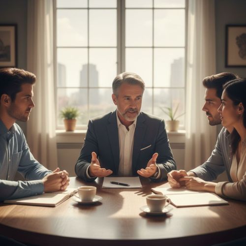 A neutral mediator facilitates a calm discussion between a man and a woman in a professional office.