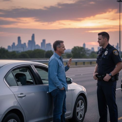 A driver inside a vehicle communicates calmly with an officer through the driver-side window.