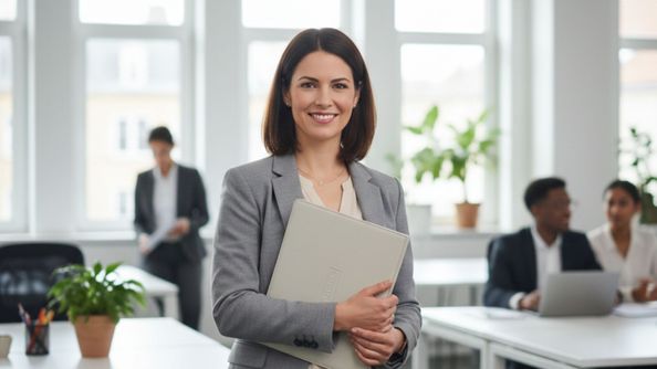 A happy professional stands in a bright office celebrating a new career opportunity.