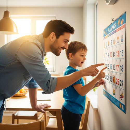 A parent and child happily reviewing a calendar, illustrating a parenting plan. Understanding Child Custody Laws3.jpeg