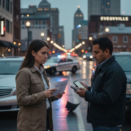 Two people exchanging insurance information after a car accident.