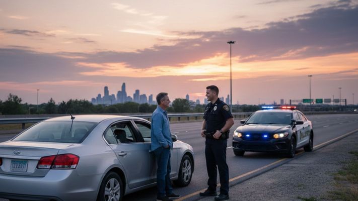A driver and a police officer engage in a professional conversation during a roadside traffic stop at sunset.