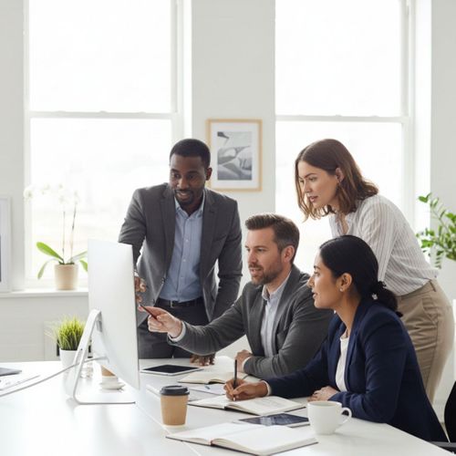 A diverse team of colleagues works together in a high-quality professional office environment.