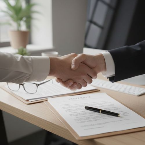 Two people engage in a professional handshake over a desk to signify a successful agreement