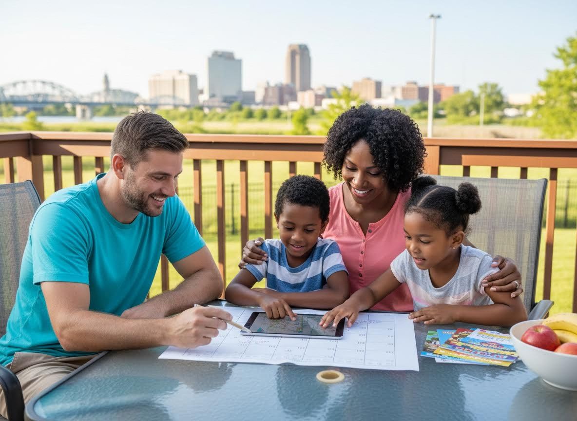 Family on a deck interacting with a tablet and papers with city skyline