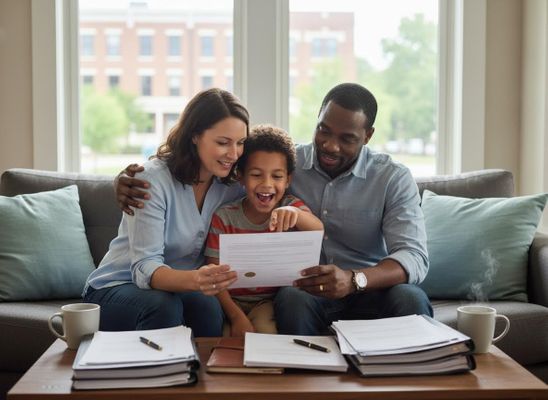 Happy diverse family reviewing documents together