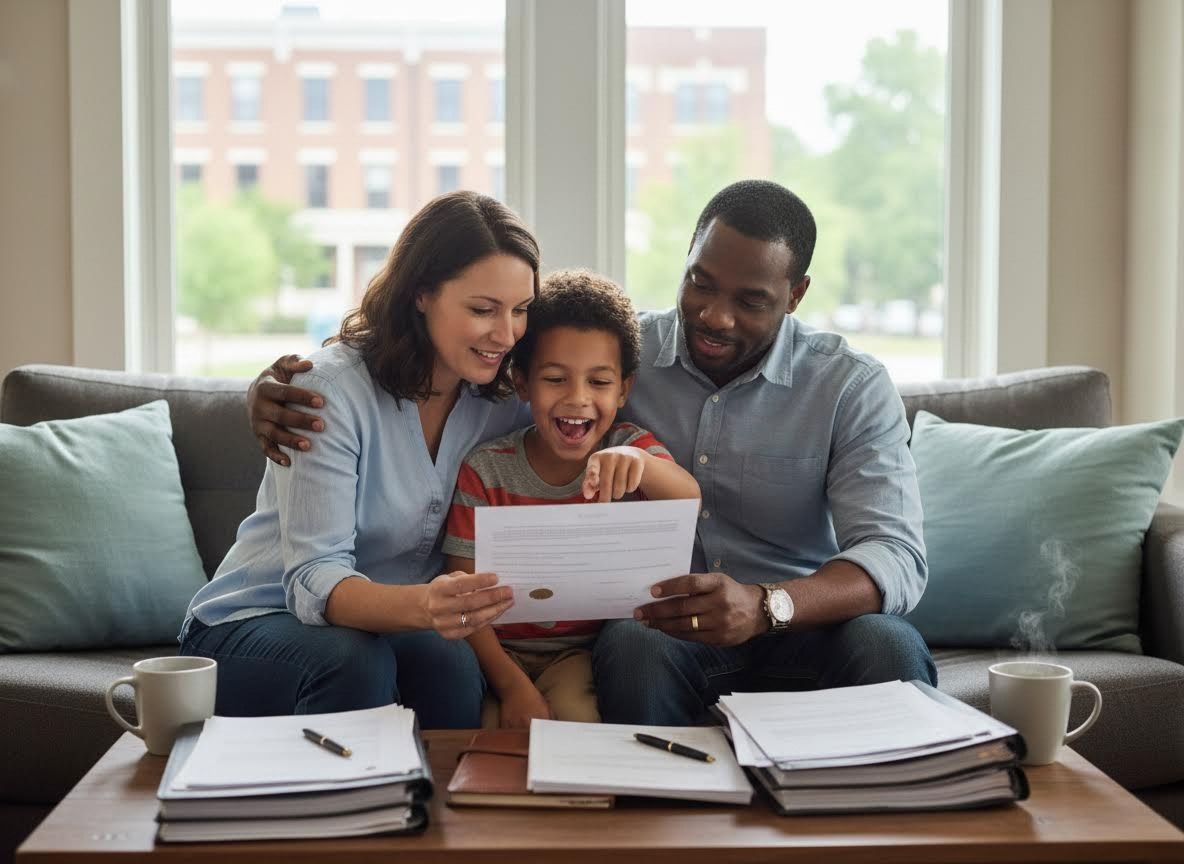 Happy diverse family reviewing documents together