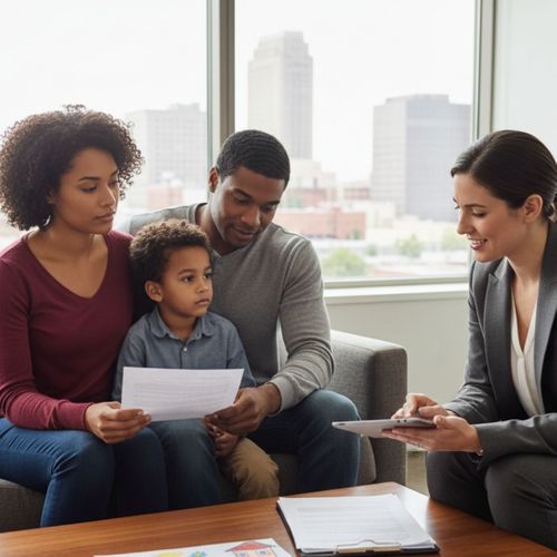 a family reviewing documents with a lawyer