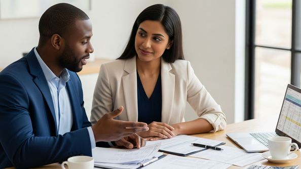 A professional photograph of a diverse couple sitting at a table with financial documents, discussing their assets.
