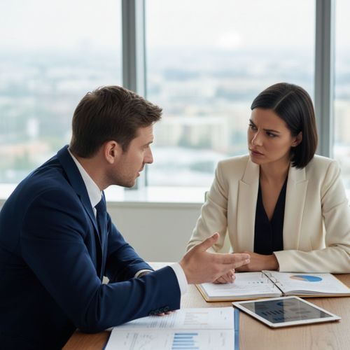 two people having a serious discussion at an office desk