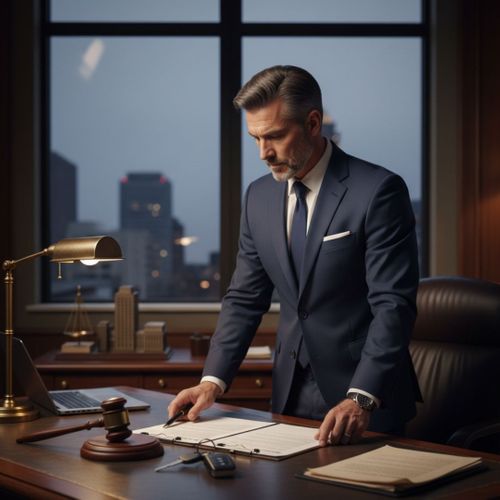 An attorney reviewing a legal document in a law office setting.