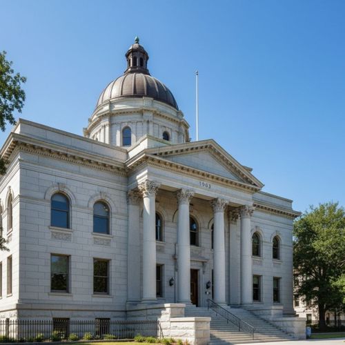 professional architectural shot of a traditional stone courthouse building during the day.