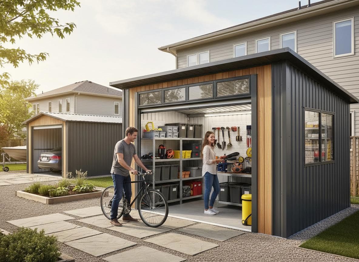 Couple using modern outdoor storage sheds and organizing tools