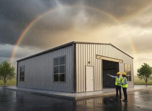 Metal building with rainbow and construction workers
