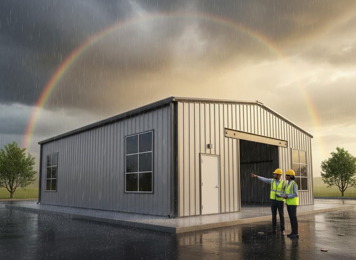 Metal building with rainbow and construction workers