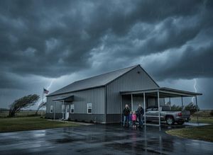 Family standing outside a metal building during a severe thunderstorm with lightning