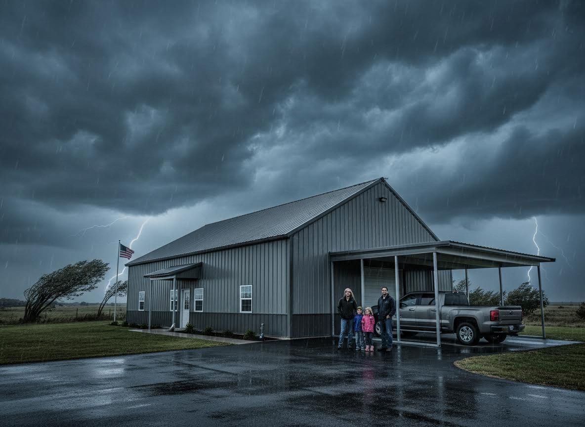 Family standing outside a metal building during a severe thunderstorm with lightning