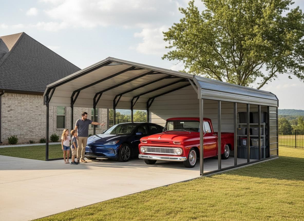 Large Metal Carport with Family, Cars, and Storage