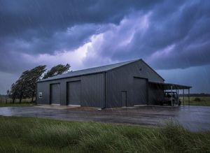 Steel Building in Stormy Weather with Rain and Wind