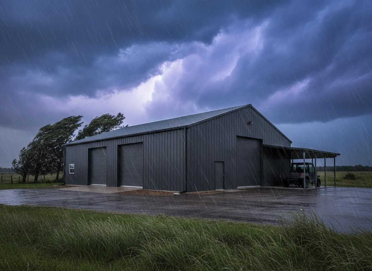 Steel Building in Stormy Weather with Rain and Wind