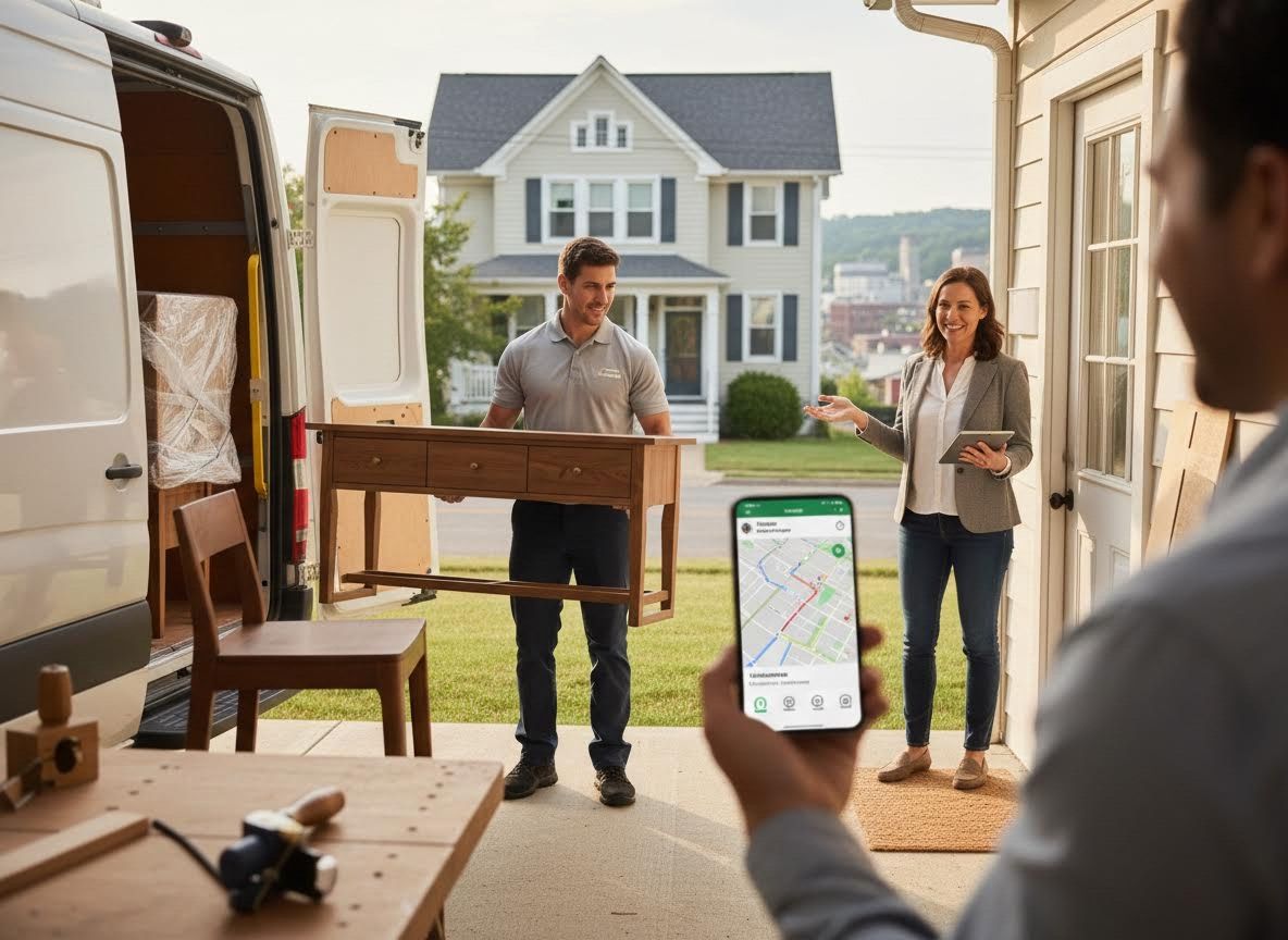 Delivery man carrying furniture while customer watches and someone uses a navigation app