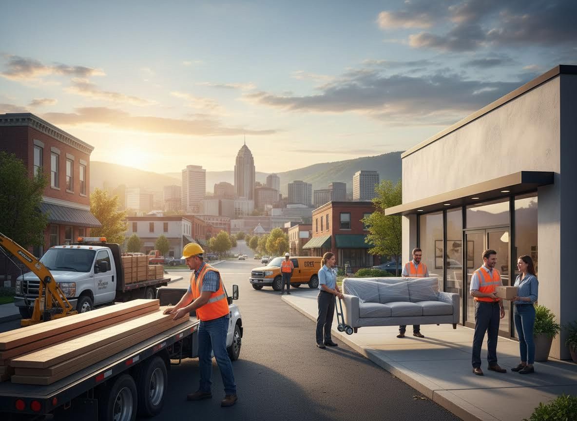 City Street Scene with Moving and Delivery Operations