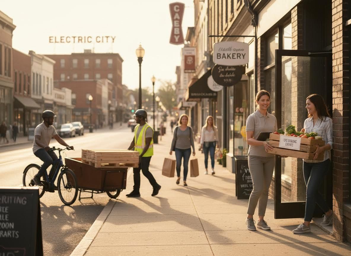 Electric City Street with Urban Deliveries and Shoppers