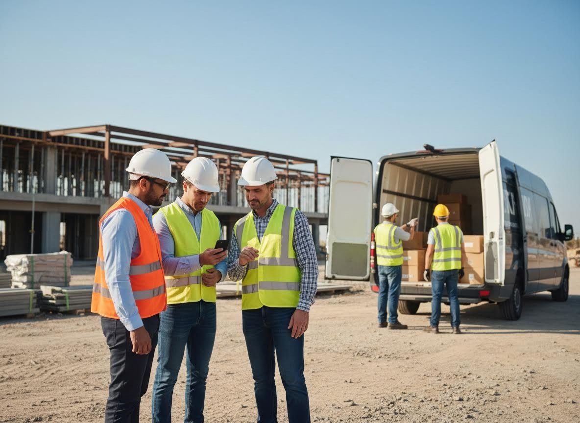 Construction workers discussing plans on smartphone