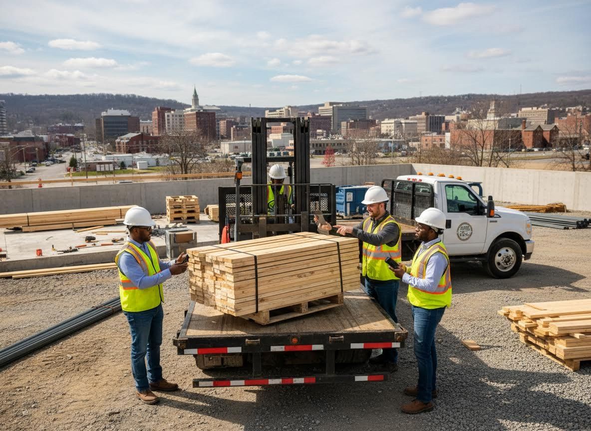 Construction workers inspecting lumber delivery