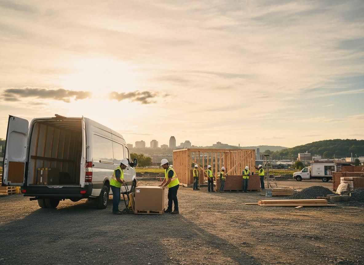 Construction workers unloading a delivery at a job site