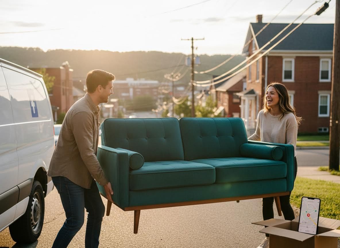 Couple Moving a Teal Sofa