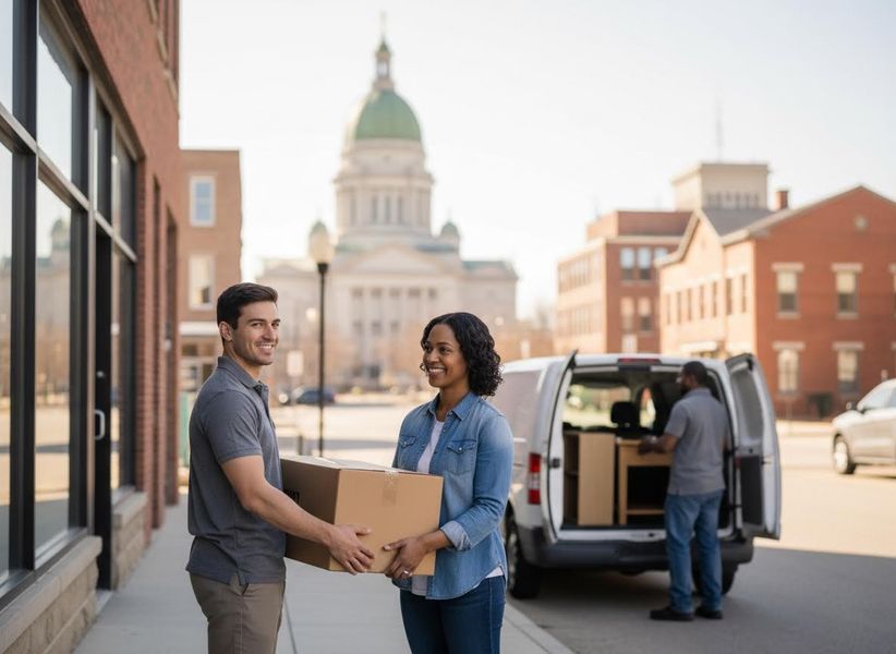 A smiling man and woman hold a moving box. A white delivery van and another worker are in the background, with city buildings. Couple receiving moving box on city street