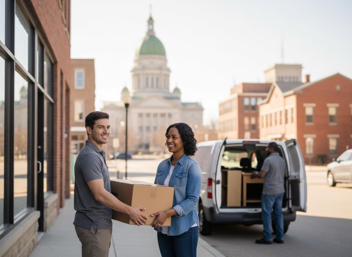 Couple receiving moving box on city street