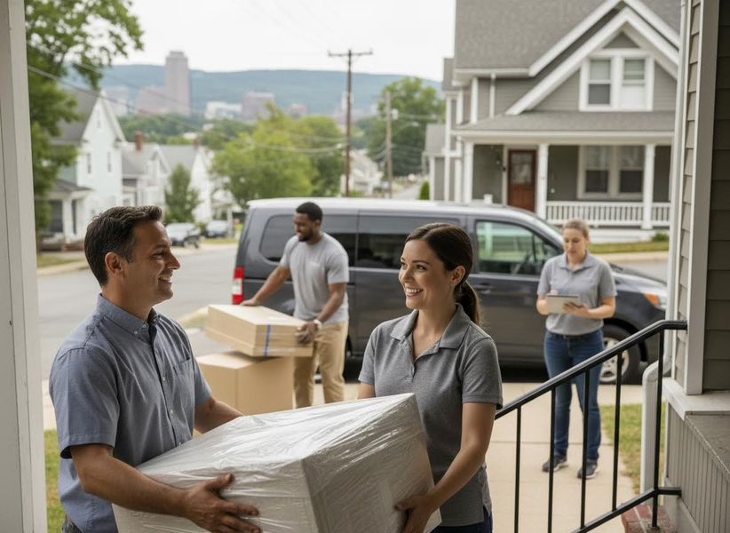 A moving team of four people carrying boxes from a dark van to a house. Two in front smile while carrying a large package. Moving team delivering packages to a house