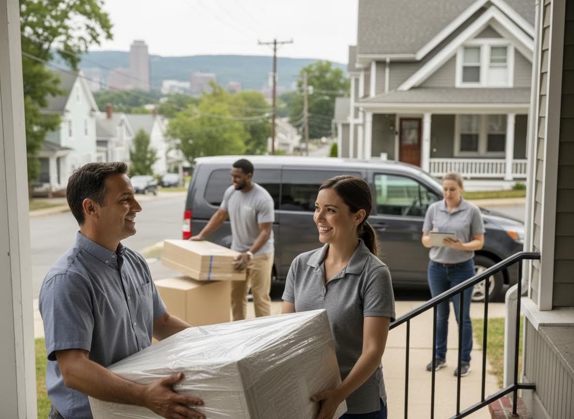 Moving team delivering packages to a house