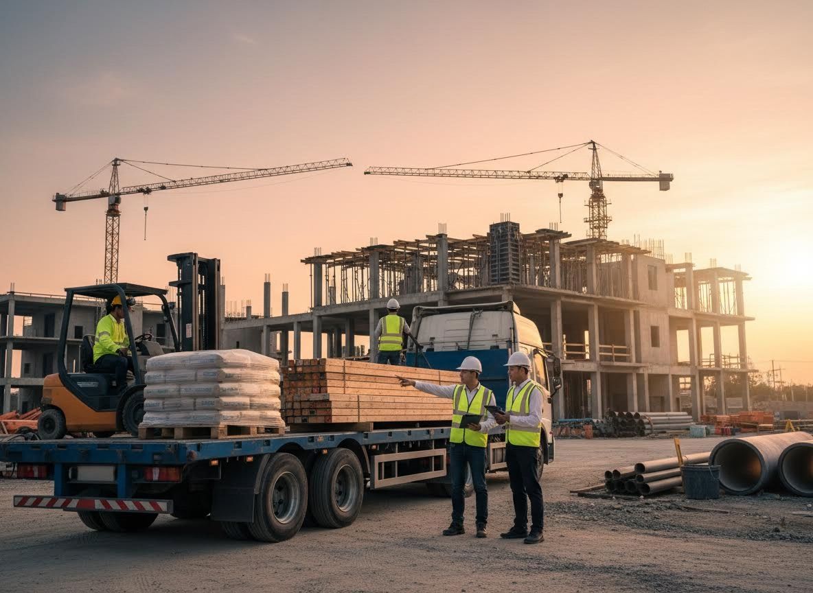 Construction workers and engineers supervising material delivery at a building site