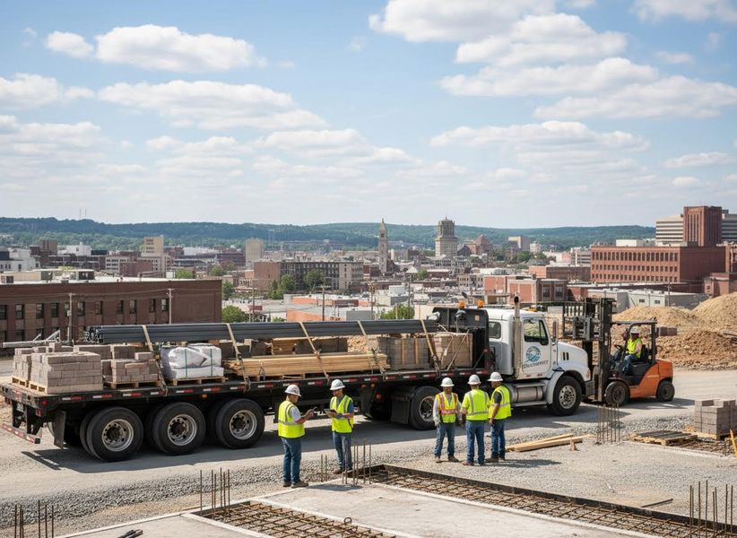 Construction workers in hard hats and safety vests stand by a flatbed truck loaded with materials. A forklift is at a city job site under a blue sky. Construction workers next to a flatbed truck on a job site