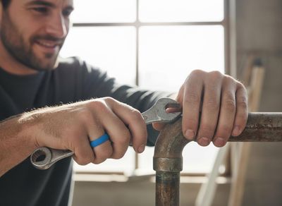 Man working on rusty pipe with wrench and blue silicone ring