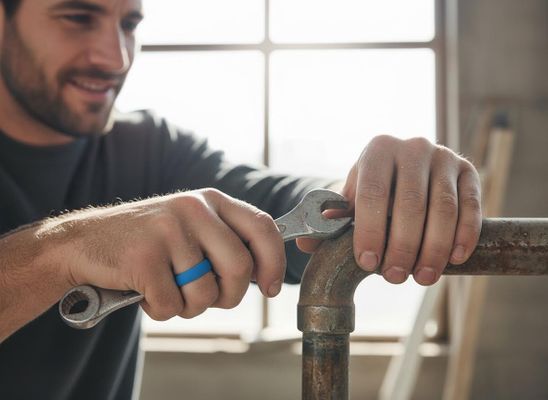 A man, smiling faintly, works on a rusty pipe using a wrench. He wears a blue silicone ring and is backlit by a large window. Man working on rusty pipe with wrench and blue silicone ring