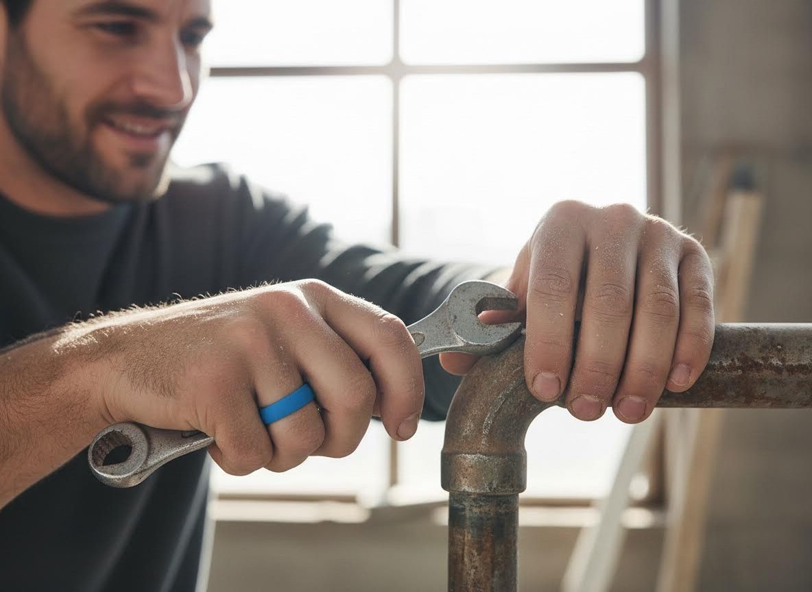 Man working on rusty pipe with wrench and blue silicone ring