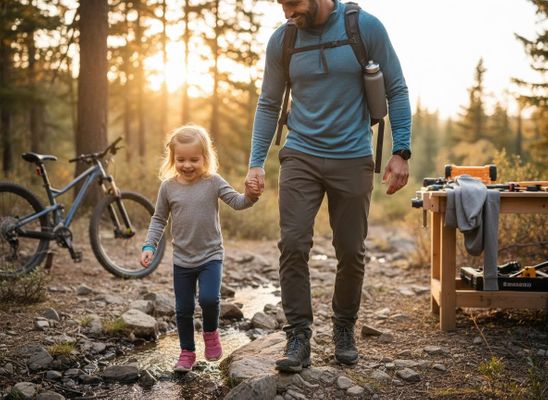 Smiling father and daughter hiking hand-in-hand on a rocky trail with a mountain bike nearby as the sun sets through the trees. Happy Father and Daughter Hiking Hand-in-Hand at Sunset