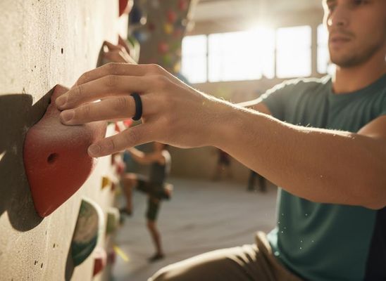 A person's hand wearing a black silicone ring grips a red rock climbing hold. Sunlight fills the background of the climbing gym. Close-up of a hand rock climbing with a silicone ring