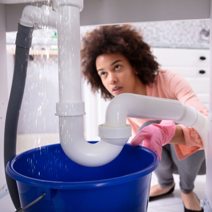 An image of a woman looking at a leaking pipe under a sink.